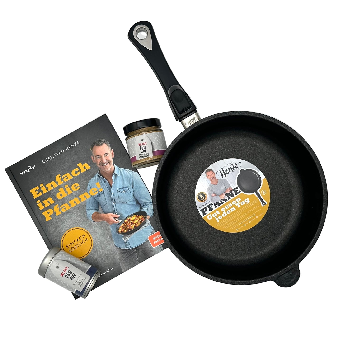 „EINFACH IN DIE PFANNE
!“ Set mit Buch, Christian Henze Pfanne, Senf & Gewürz